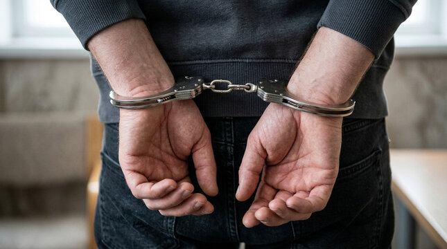 Handcuffed Man Arrested for Crime, Justice System Concept