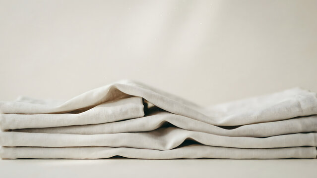 A stack of folded off-white linen napkins with soft, flowing folds and subtle shadows, arranged on a light neutral-colored surface