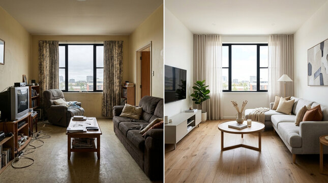 Home renovation before and after: outdated living room transformed into modern space