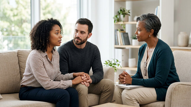 Couple counseling session with therapist, holding hands for support