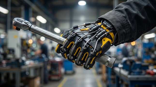 Technician wearing robotic power glove holding steel torque wrench