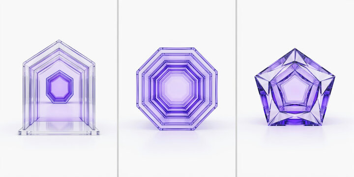 Three purple translucent geometric structures with layered shapes on a white background
