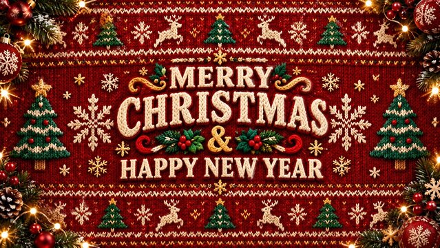 Red wool knit texture with Merry Christmas and Happy New Year typography   