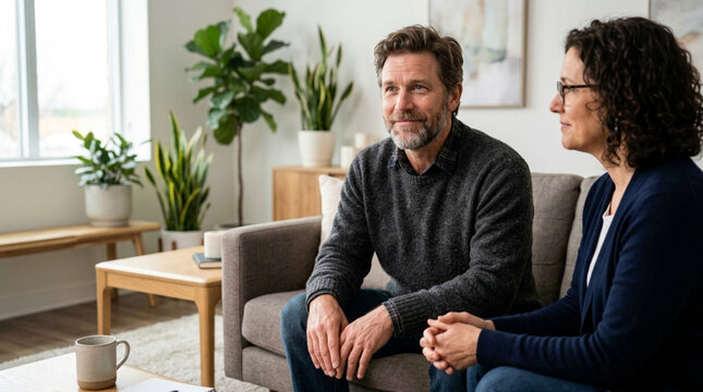 Couple Relaxing on Sofa in Modern Living Room with Plants