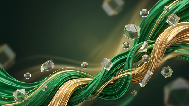 Luxury Abstract Green and Gold Twisted Waves Background with Floating Glass Crystals and Spheres for Saudi National Day Graphic Design