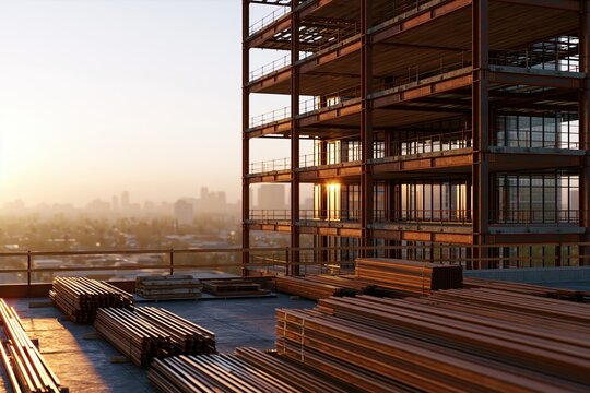 High - rise building under construction in modern city at sunset