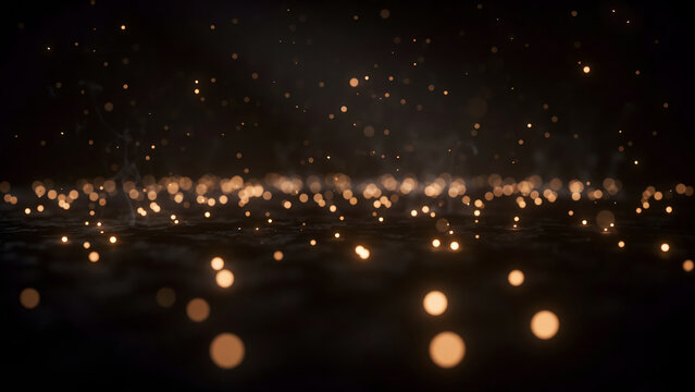 Abstract background, of glowing golden, particles floating in, a dark space, with a soft, bokeh effect and, a shallow depth, of field light display