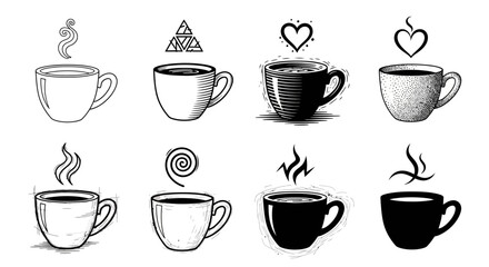 Fototapeta premium Set of eight hand drawn coffee cup icons with steam smoke heart triangle and spiral designs isolated on white background for cafe branding and restaurant menu