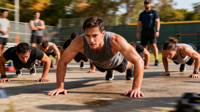 Explosive Outdoor Group Fitness Training and Hardcore Motion Blur Workout.