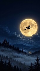 Fototapeta premium Witch flying across a full moon on Halloween night