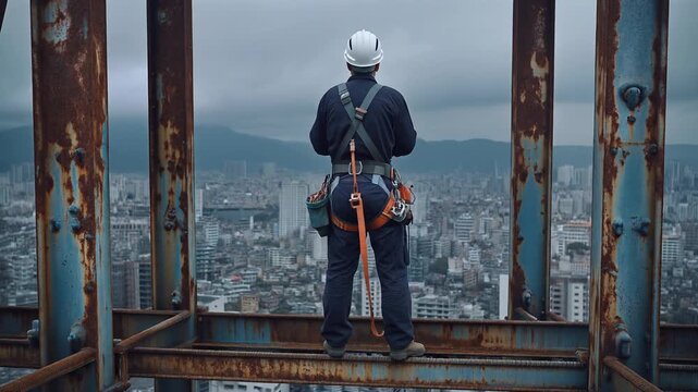 白い安全ヘルメットの中年男性作業員が高層建築の鉄骨梁上で都市を背に慎重に立つ