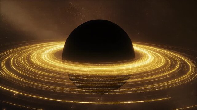 漆黒のブラックホールを黄金色の発光ガス円盤が高速で巡り重力レンズで光が湾曲する