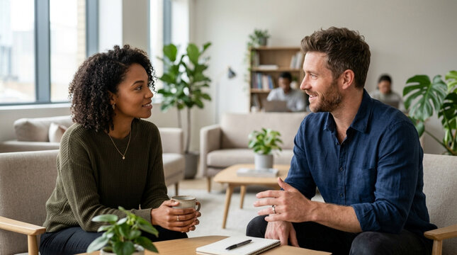Diverse couple in discussion, coffee meeting, modern office space