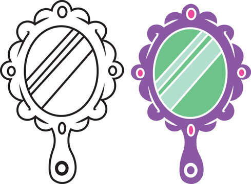Hand mirrors outline and colored set vanity mirror vintage vector icons set EPS-10