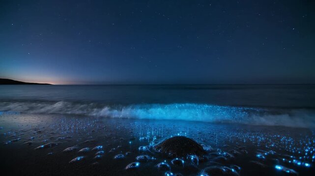 夜の砂浜へ穏やかな波が寄せ波頭と浅瀬の生物発光粒子が星屑のように青白く輝く