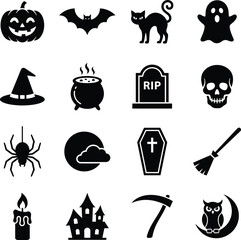 Collection of halloween icons depicts spooky symbols against a plain white background ghost