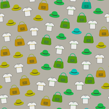 Pattern of t-shirts, hats, and handbags