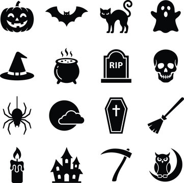 Collection of halloween icons depicts spooky symbols against a plain white background ghost