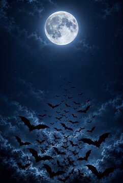 Full moon with bats in night sky