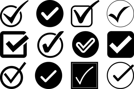Set of diverse black tick and check mark icons in various square and circular styles for web and App UI design, vector illustration isolated on Transparent background, high quality PNG ready asset