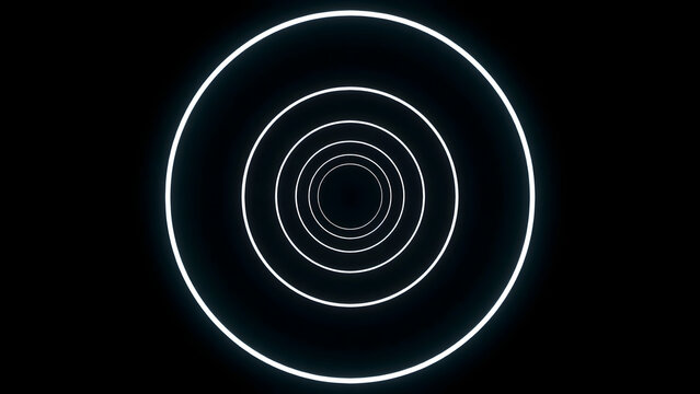 Concentric glowing white neon circles forming an abstract tunnel effect against a deep black background, with a sense, of infinite depth