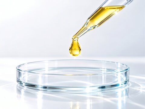 Cosmetic serum dropper over a petri dish