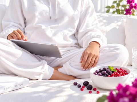 Person with tablet and bowl of berries in bed