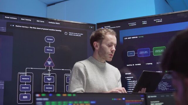 Software engineer using computer working, think systems code cybersecurity of data center. Professional development use laptop technology AI analysis information coding, verify data digital screen.