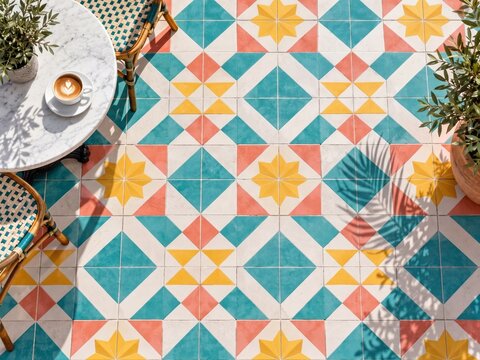 Colorful geometric tile floor