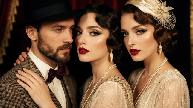 Elegant couple, beautiful women pose in 1920s vintage style. Glamorous flapper ladies wear pearls, luxury dresses with classic makeup. Handsome man wears fedora hat, bowtie. Retro fashion party theme