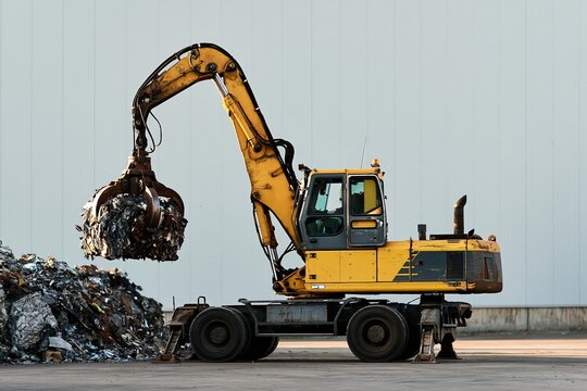 Hydraulic material handler lifting compacted metal bale at recycling facility
