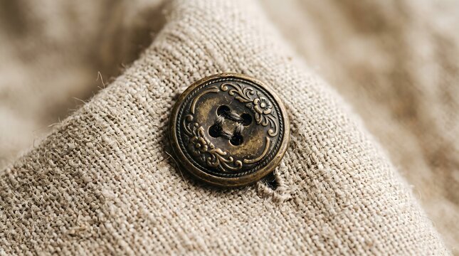 A vintage brass button with an intricate pattern on coarse beige linen fabric, close-up. AI generated.