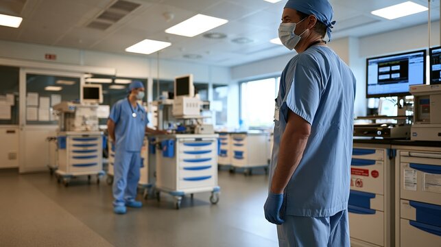 Service coordinator overseeing orderly equipment preparation in hospital setting