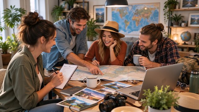 A group of friends gathers around a table with maps, photos, and a laptop, planning a trip together in a cozy indoor setting with travel-inspired decor.