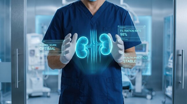 Medical professional analyzing kidney scan results with augmented reality