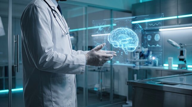 Doctor in lab coat interacting with futuristic brain interface technology