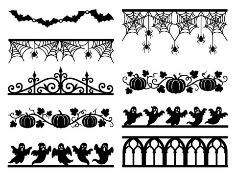 Ten distinct black silhouette border and divider designs are showcased, featuring Halloween themes such as bats, spider webs with spiders, ornate gates, pumpkins on vines, and dancing ghosts.