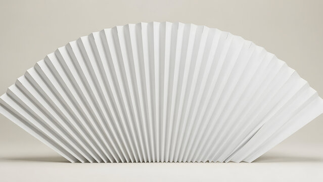 Minimalist white paper fan with sharp accordion folds displayed on a light gray background, highlighting clean geometric lines and texture