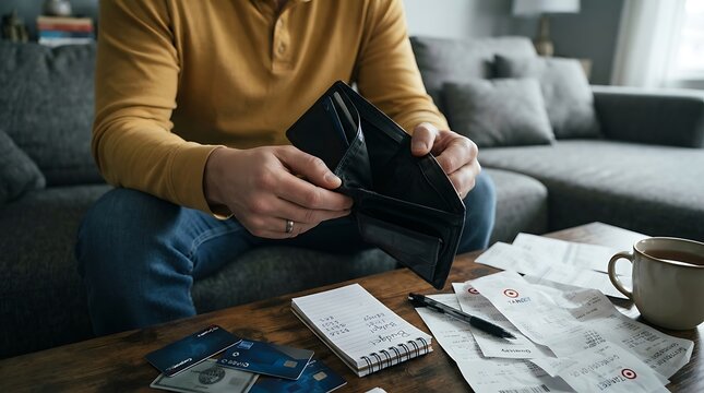Man sitting on couch with empty wallet and bills, showing financial hardship and debt.