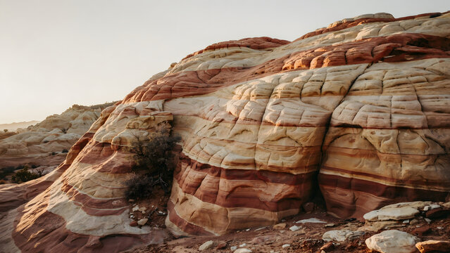 Rugged sandstone rock formations featuring wavy layers of red, orange, and white mineral deposits in a vast desert landscape at golden hour
