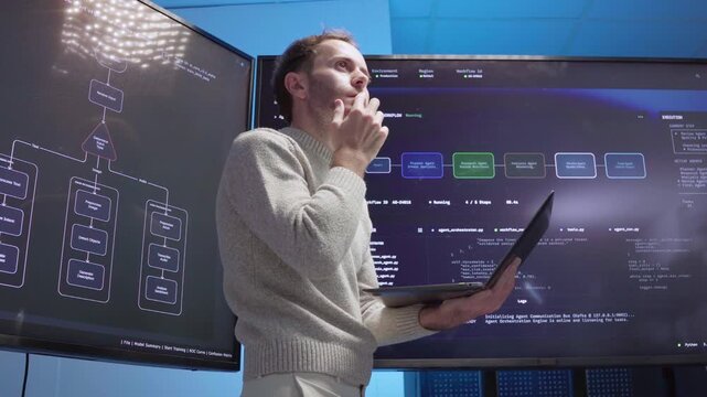 Software engineer using computer working, thinking systems code cybersecurity of data center. Professional development use laptop technology AI analysis information coding, verify data digital screen.