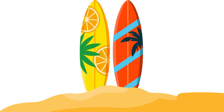 Two colorful surfboards standing upright on a sandy beach against a white background for tropical summer vacation design