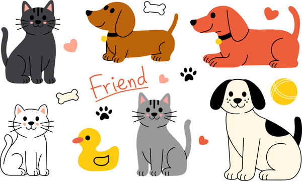Cute Cartoon Cats and Dogs Collection Set with Toys and Hearts on White Background for Kids Design