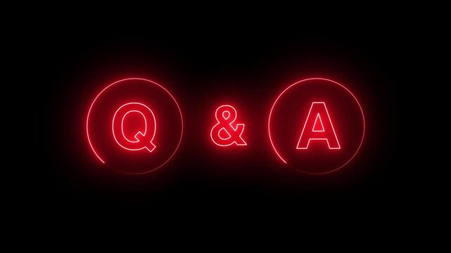 Question and answer animation displays neon typography. Online inquiry research dialogues guide question and answer animation. Knowledge quiz solution branding uses the answer.