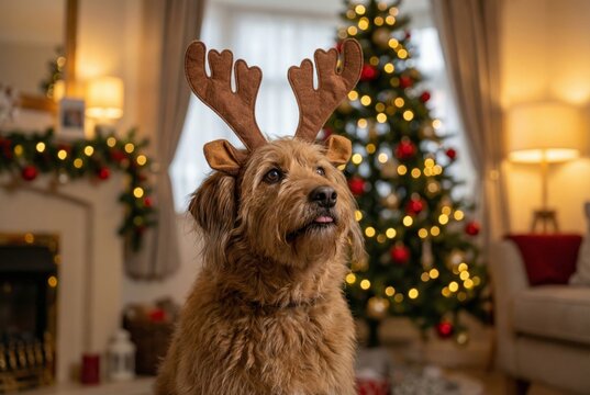 Cute dog wearing reindeer antlers headband sitting near Christmas tree