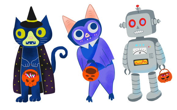 MonsterCharacter set witch cat, spooky bat and robot for Halloween