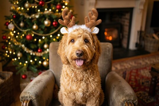 Cute dog wearing plush reindeer antlers sitting on armchair by Christmas tree and fireplace