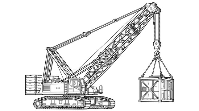 Industrial crawler crane line art illustration, heavy duty construction crane lifting cargo container, technical machinery drawing on white background