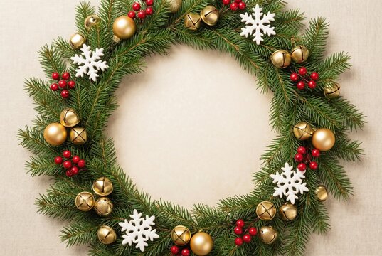 Top view of Christmas wreath made of pine branches, golden baubles, bells and snowflakes