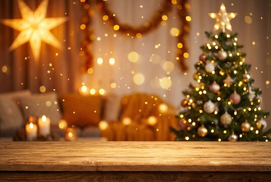 Empty wooden table with blurred cozy Christmas room background and illuminated tree